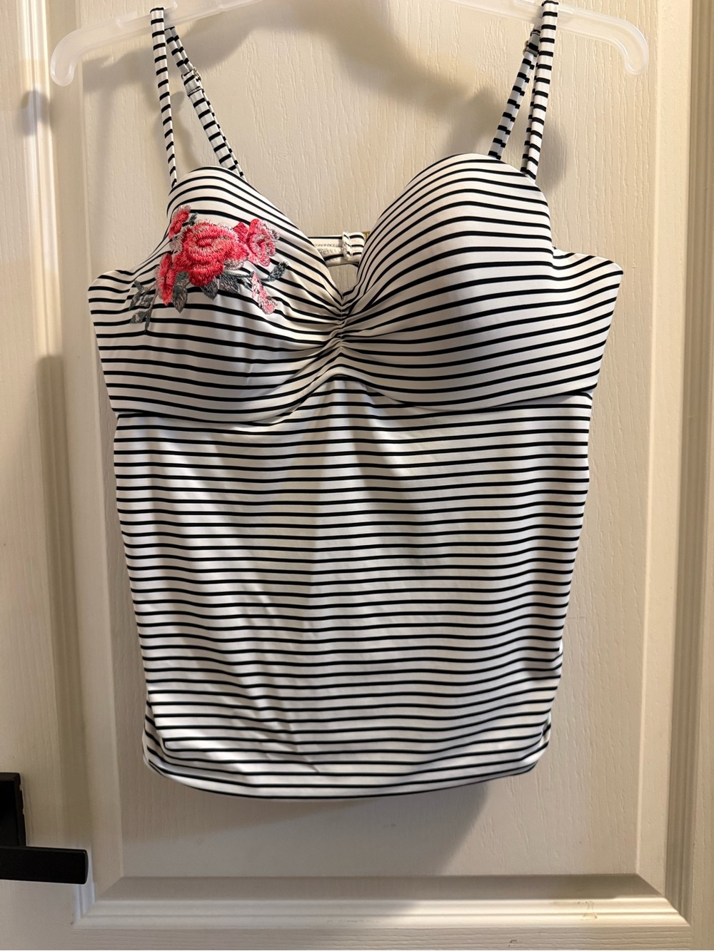La Vie En Rose Black & White Striped Tankini with Pink Floral Embroidery